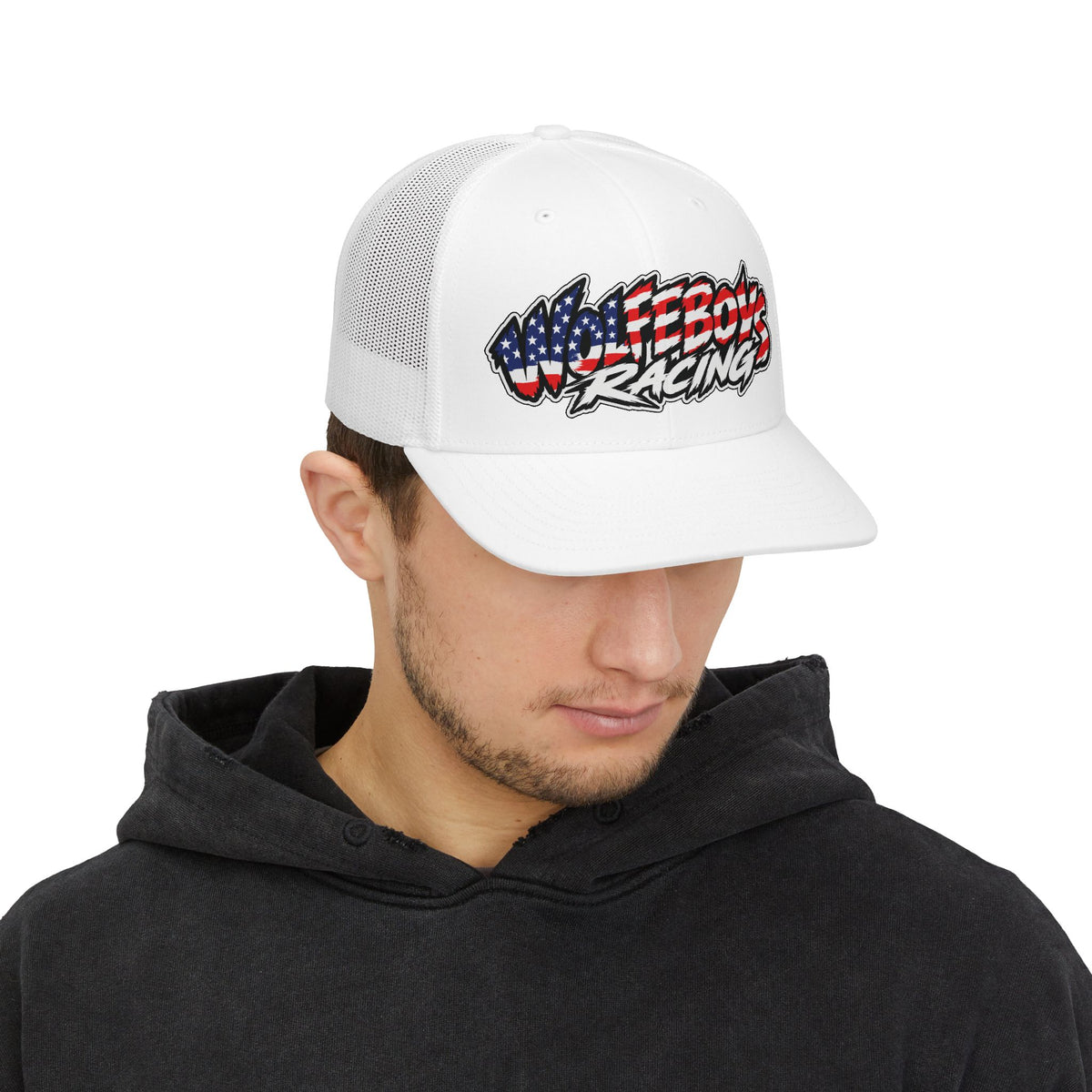 Wolfeboys Racing Snapback Trucker Hat — American Flag Logo Racing Cap