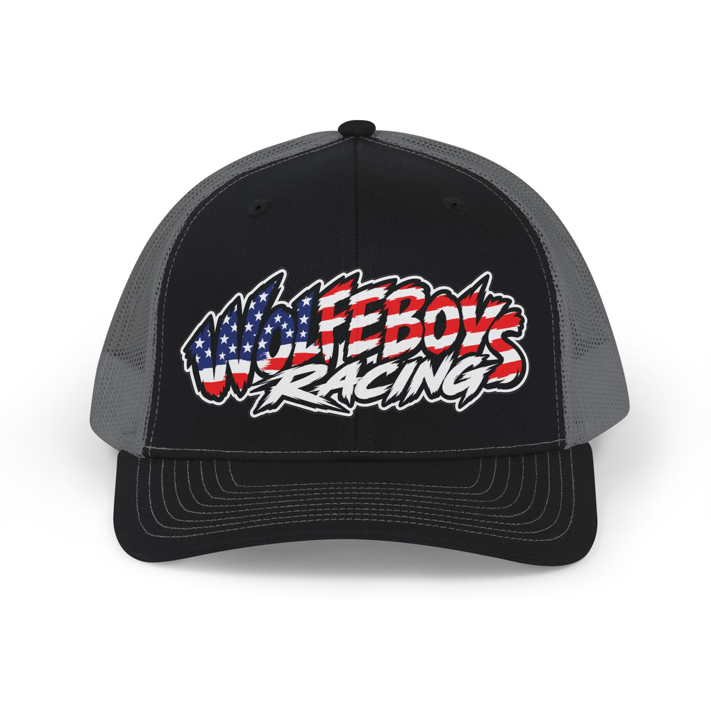 Wolfeboys Racing Snapback Trucker Hat — American Flag Logo Racing Cap