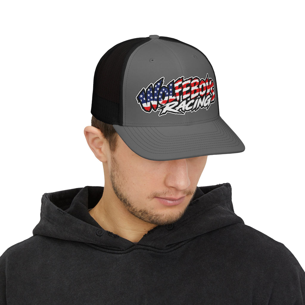 Wolfeboys Racing Snapback Trucker Hat — American Flag Logo Racing Cap