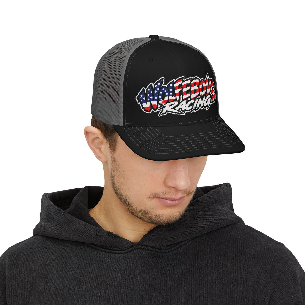 Wolfeboys Racing Snapback Trucker Hat — American Flag Logo Racing Cap